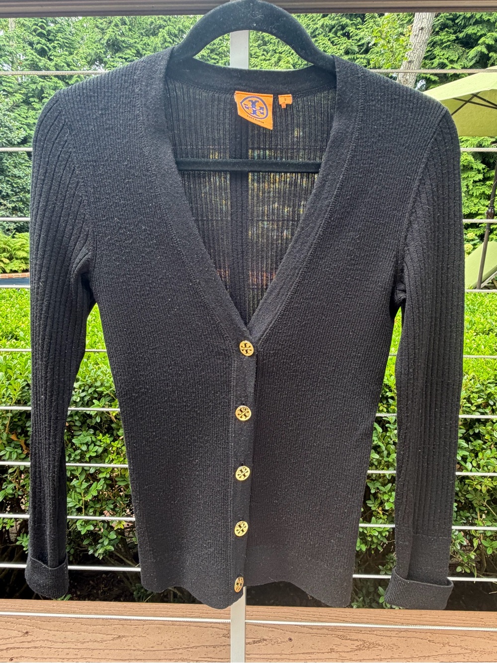 Tory Burch Black Ribbed V-Neck Gold-Button Cardigan